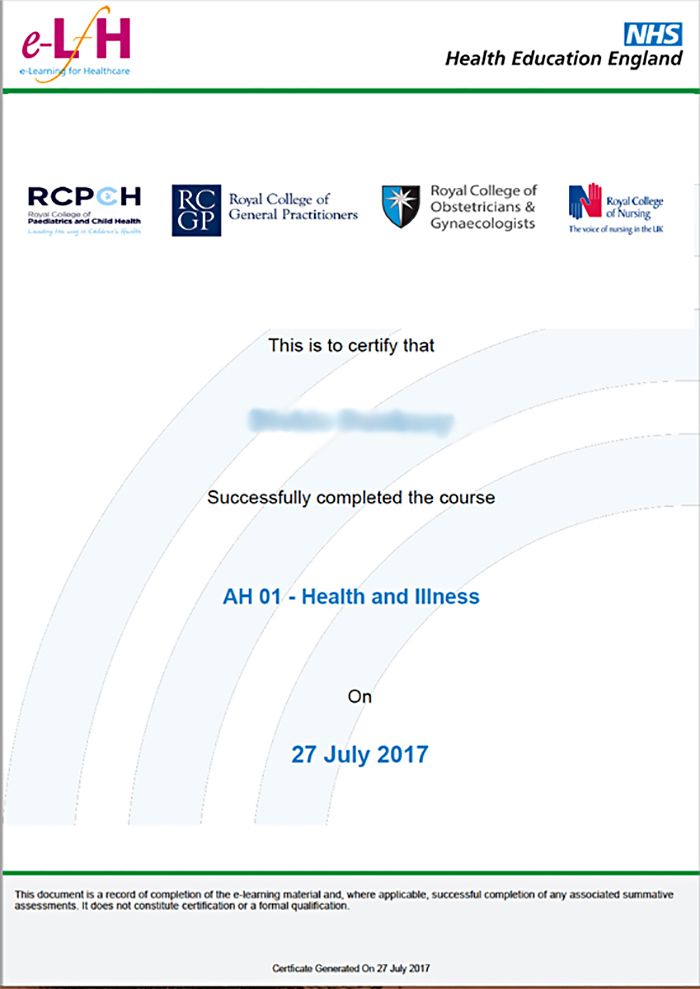adolescent health course certificate