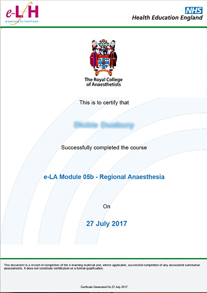 anaesthesia certificate