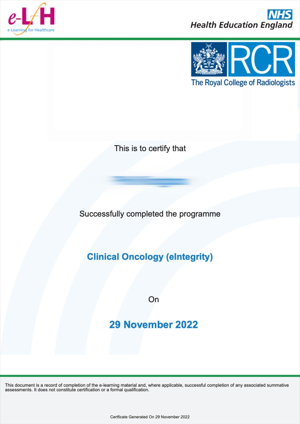 clinical oncology certificate