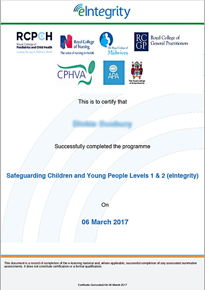 Safeguarding children course levels 1 and 2 certificate