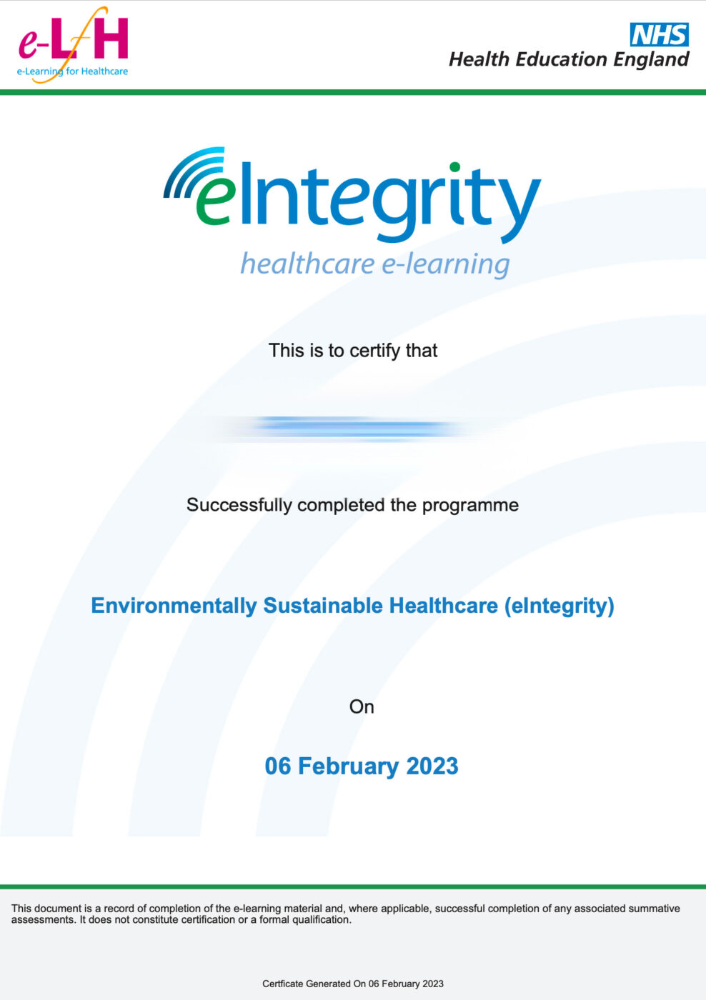 Environmentally Sustainable Healthcare Certificate