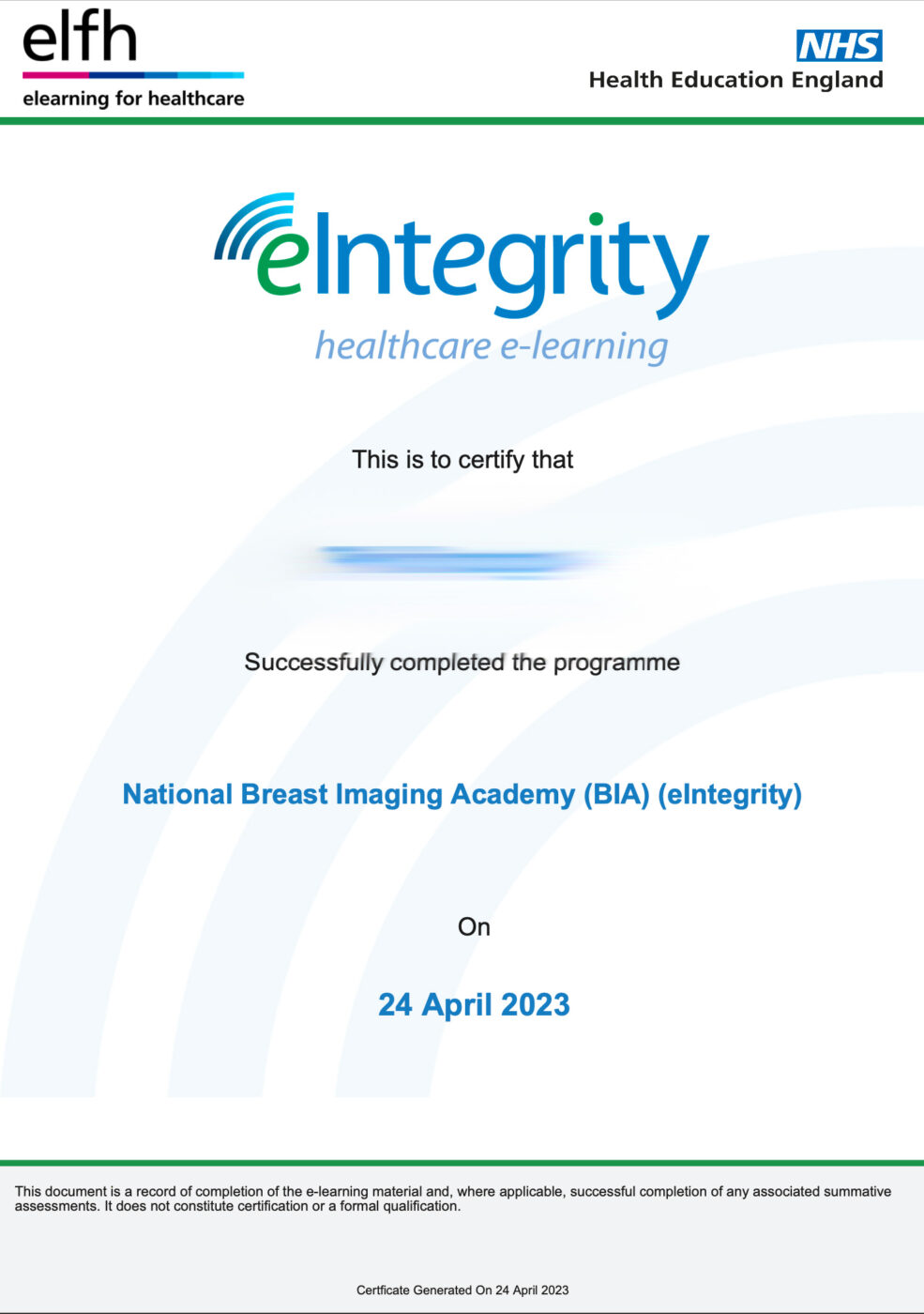 National Breast Imaging Academy Certificate