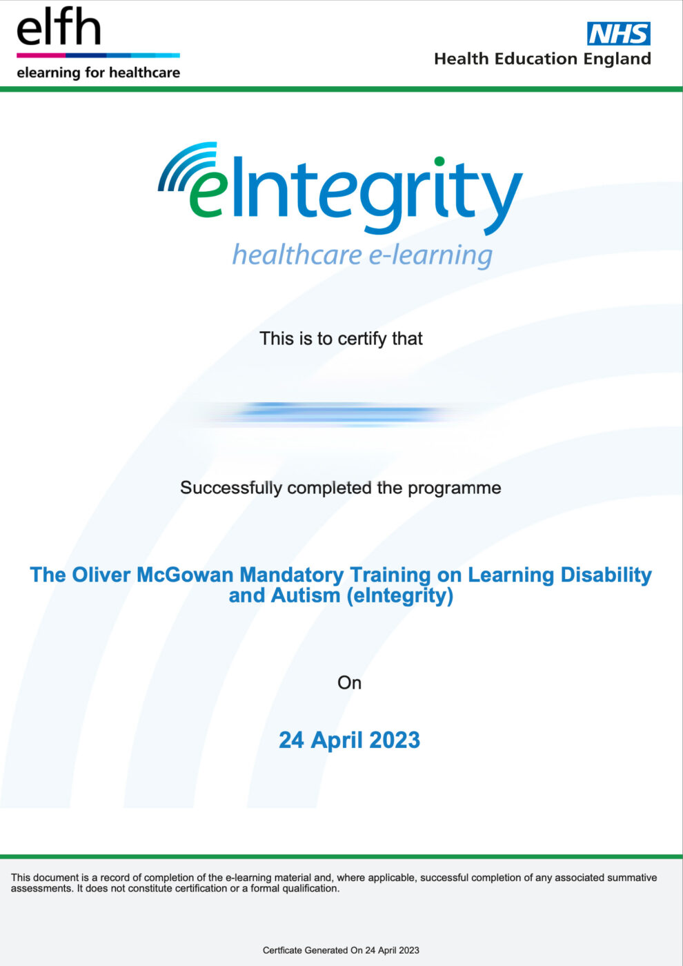 The Oliver McGowan Mandatory Training on Learning Disability and Autism Certificate
