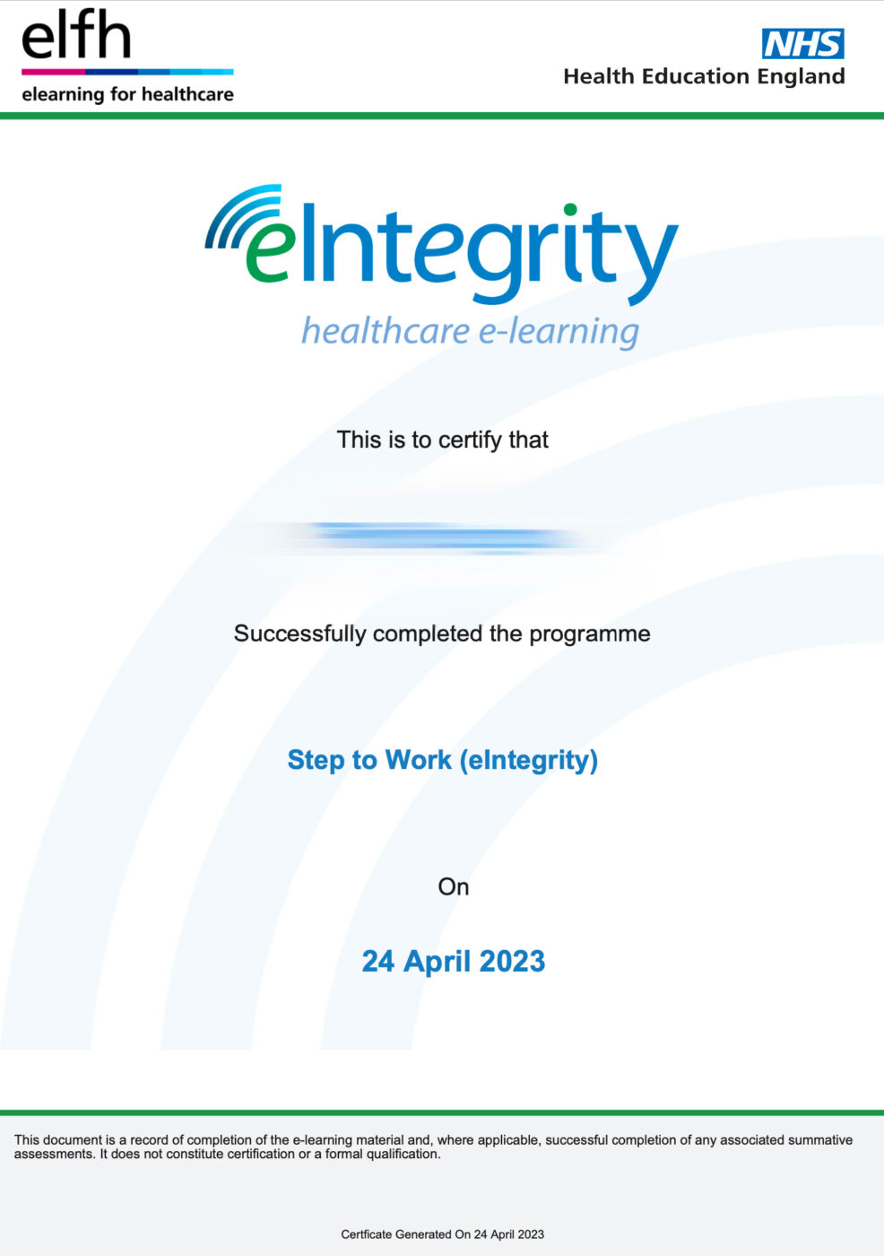 Step to Work eIntegrity Certificate