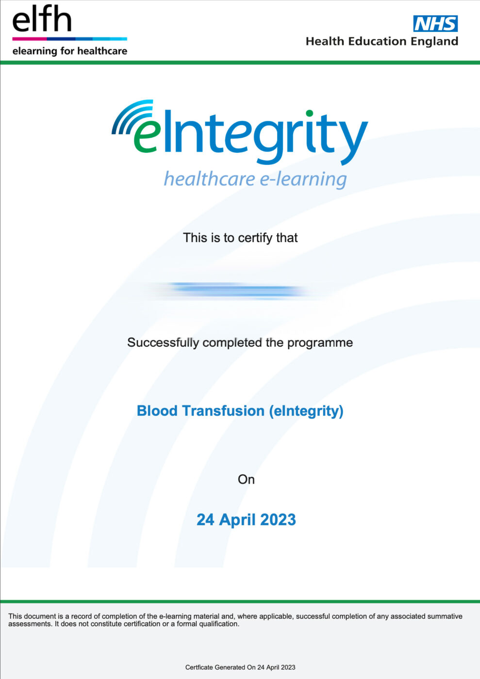 Blood transfusion course certificate