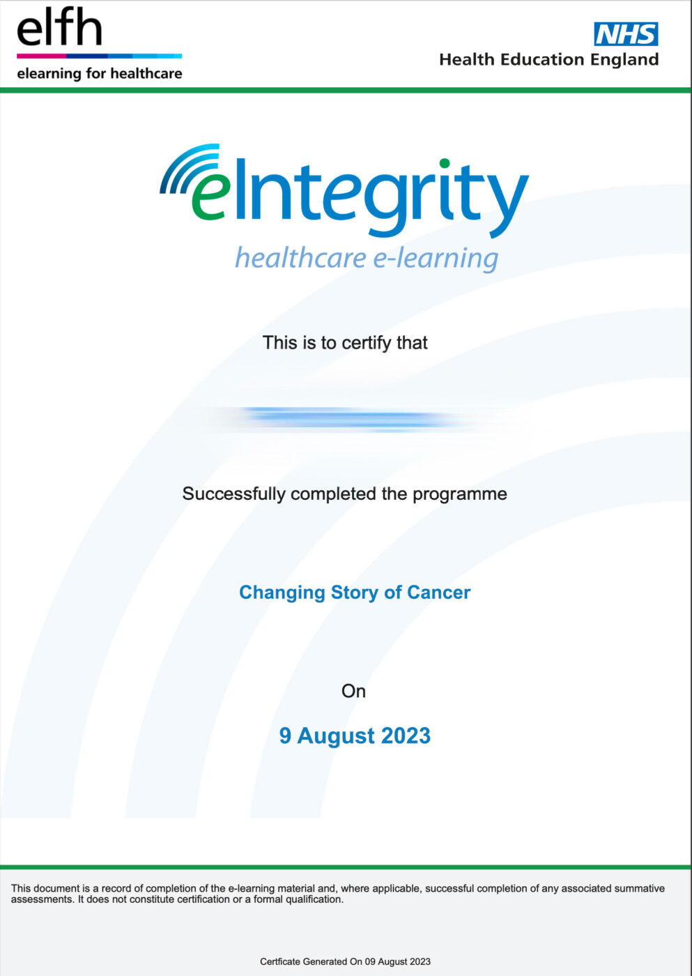 Changing Story of Cancer Certificate