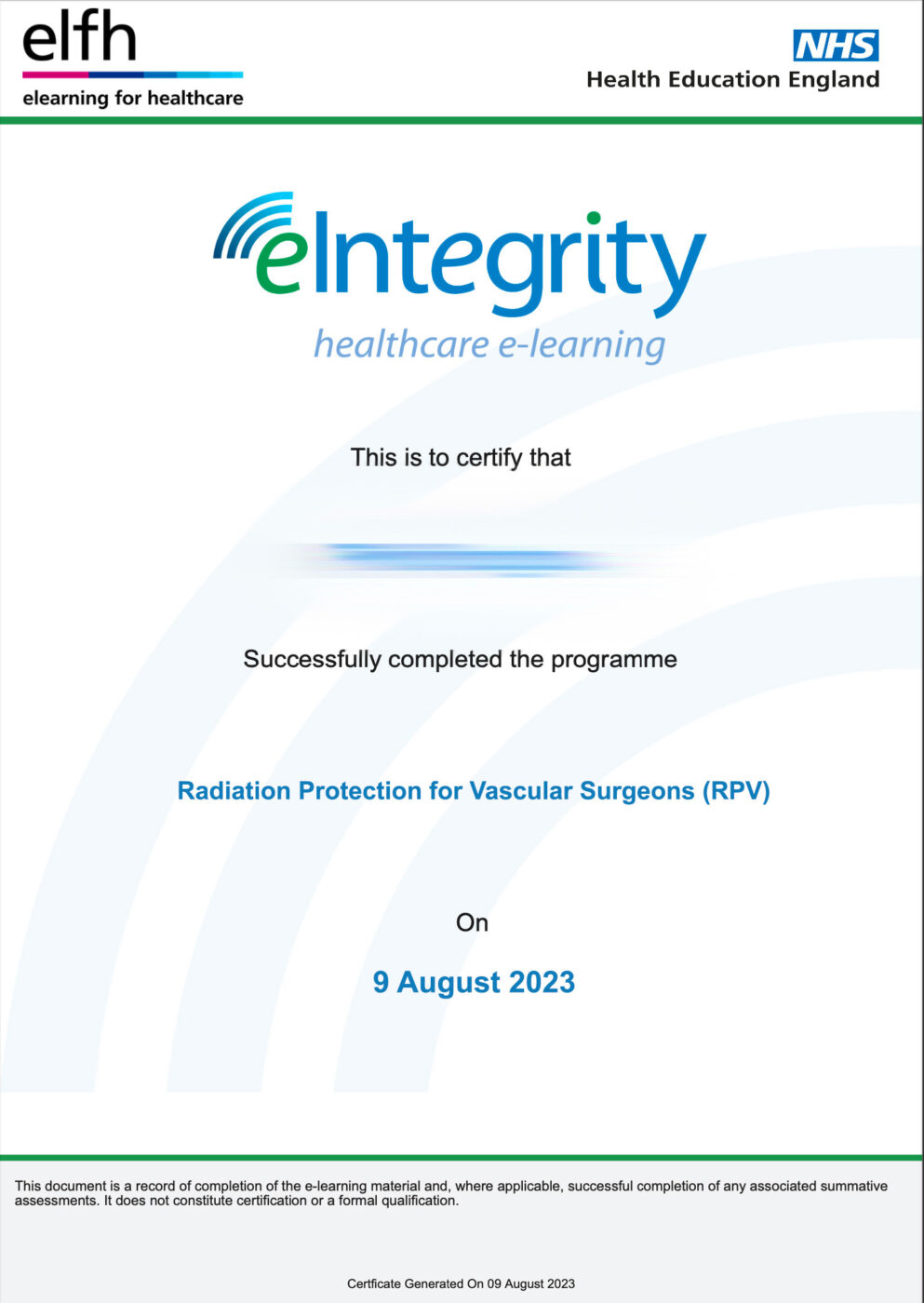 Radiation Protection for Vascular Surgeons Certificate