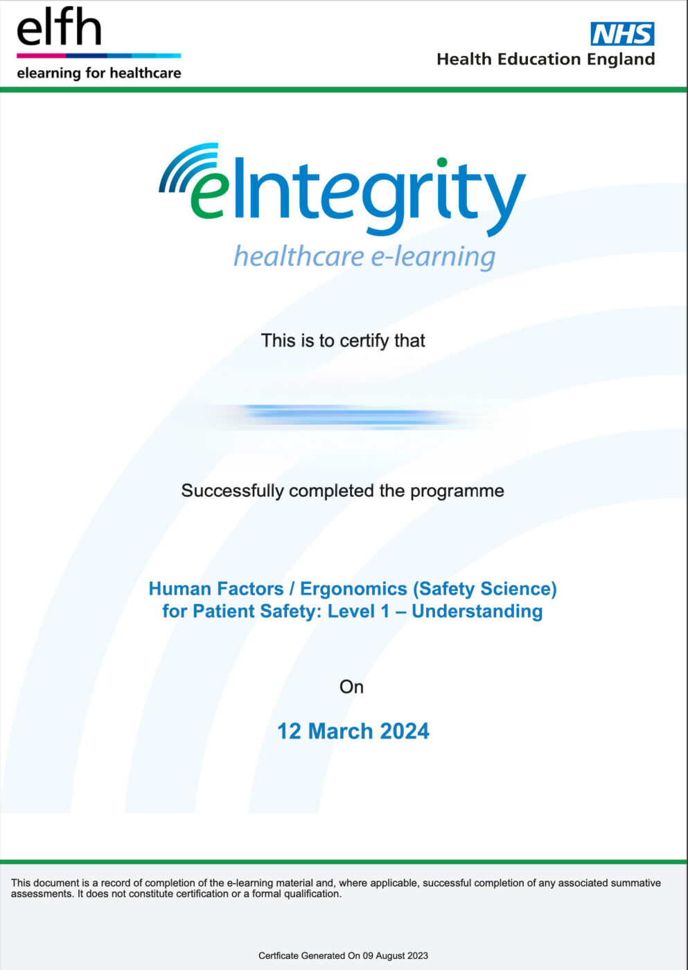 Human Factors / Ergonomics (Safety Science) for Patient Safety: Level 1 – Understanding