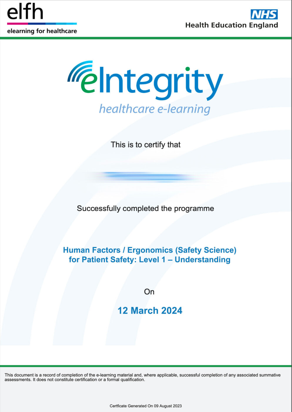 Human Factors / Ergonomics (Safety Science) for Patient Safety: Level 1 โ Understanding